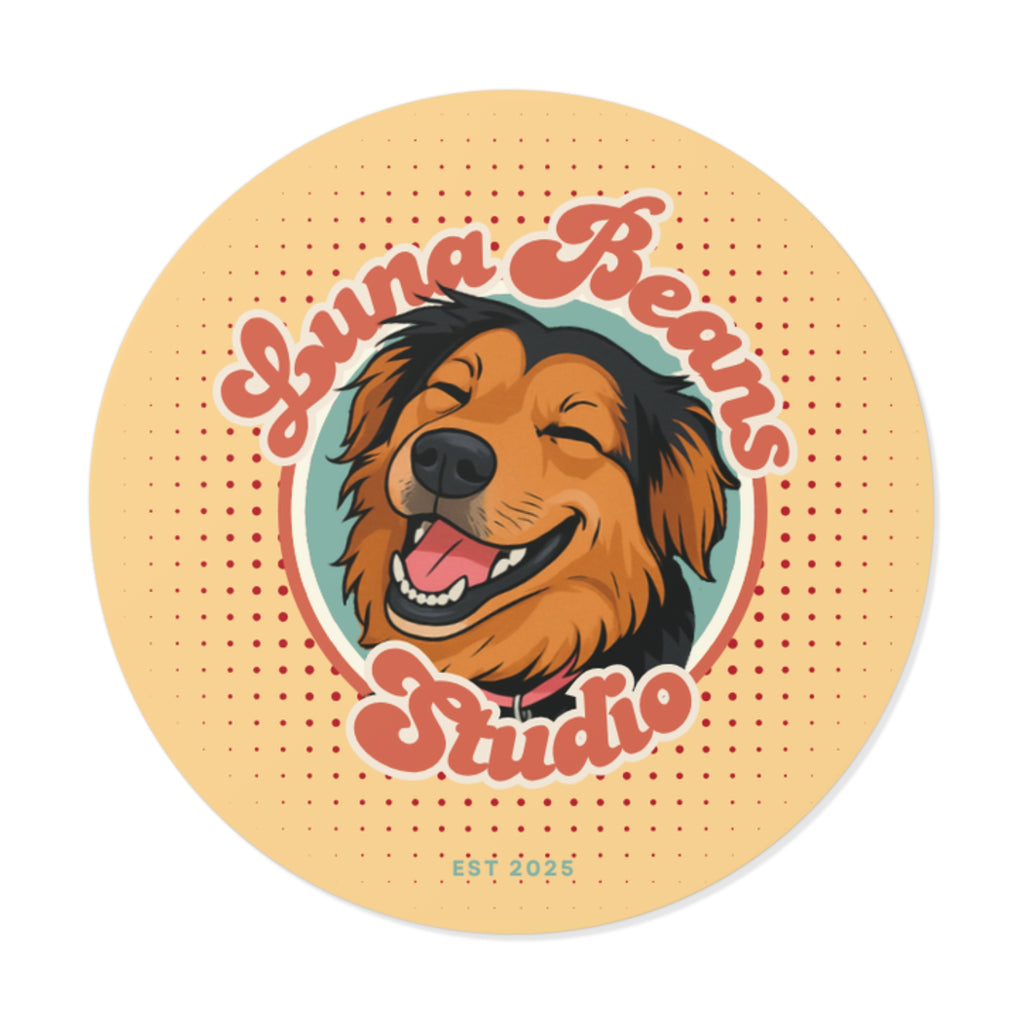 Round sticker with a dog illustration and 'Luna Beans Studio' text on a beige background