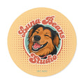 Round sticker with a dog illustration and 'Luna Beans Studio' text on a beige background