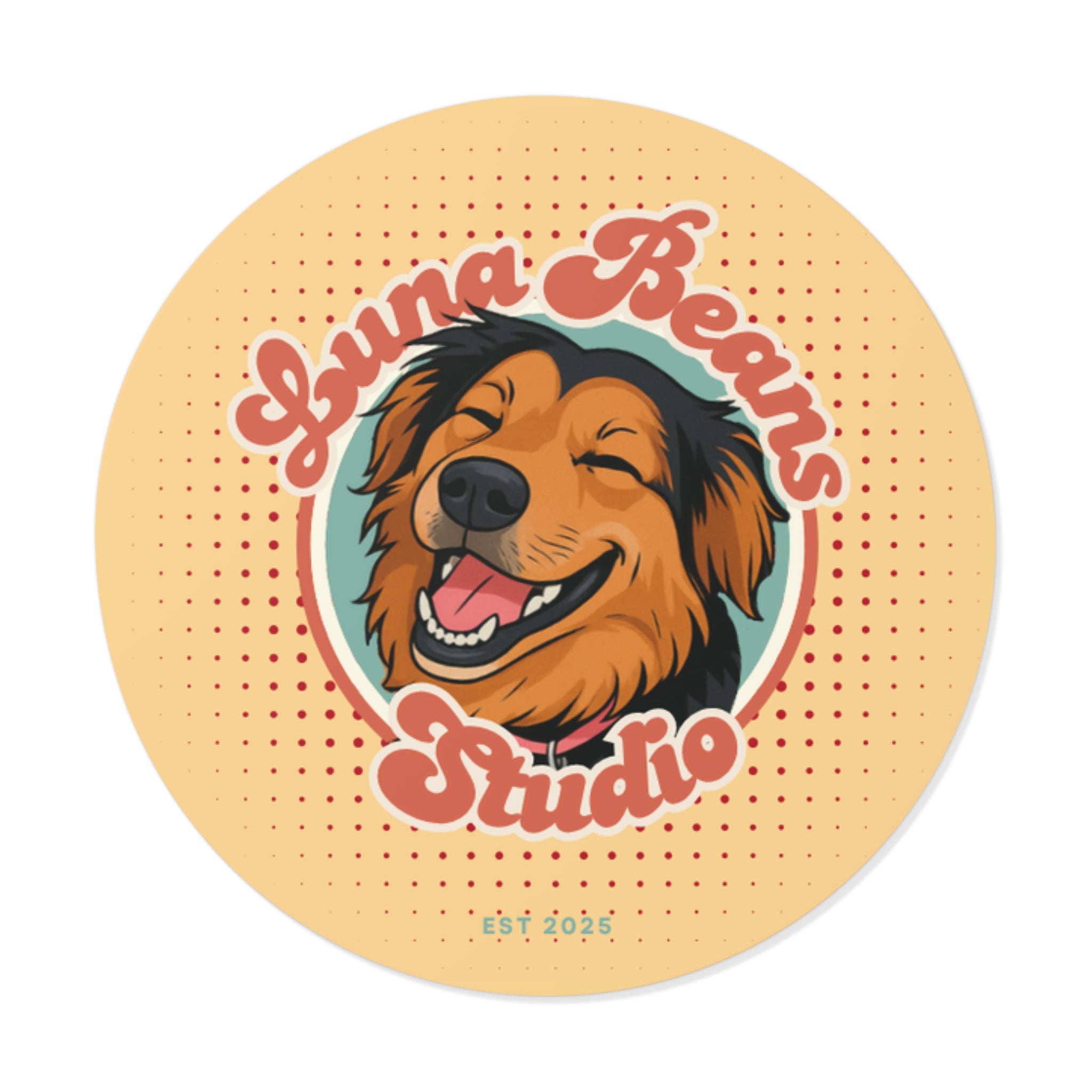 Round sticker with a dog illustration and 'Luna Beans Studio' text on a beige background