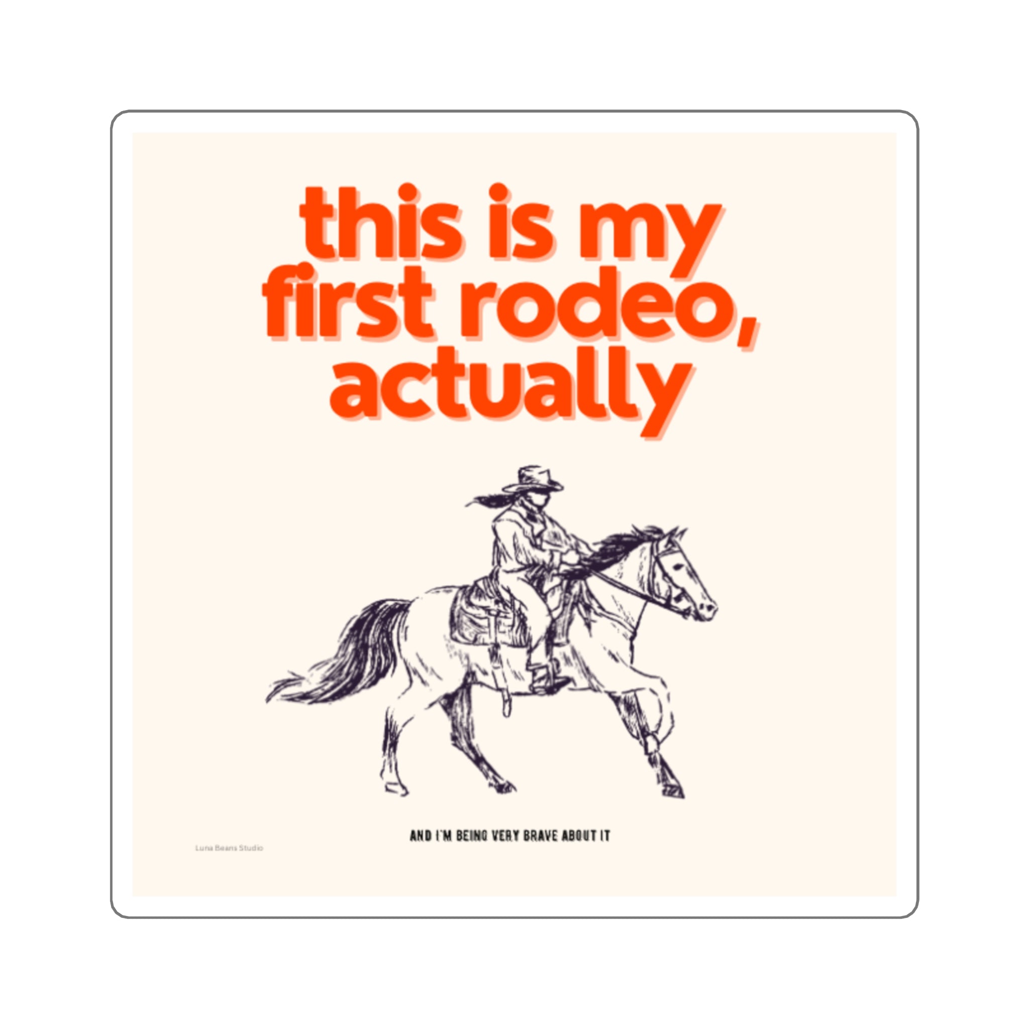 Illustration of a person on a horse with text about a first rodeo experience on a beige background.