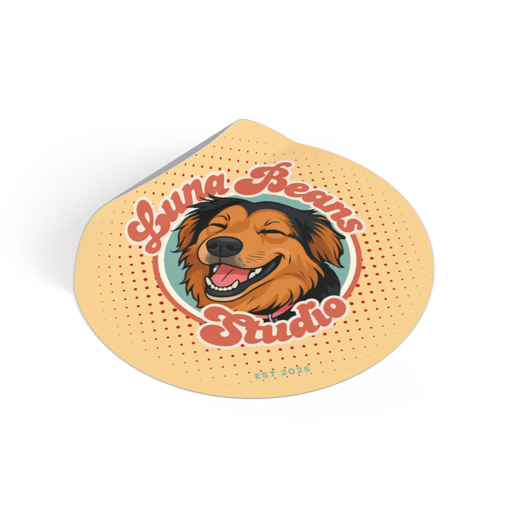 Yellow sticker with a dog illustration and 'Luna Bears Studio' text on a white background