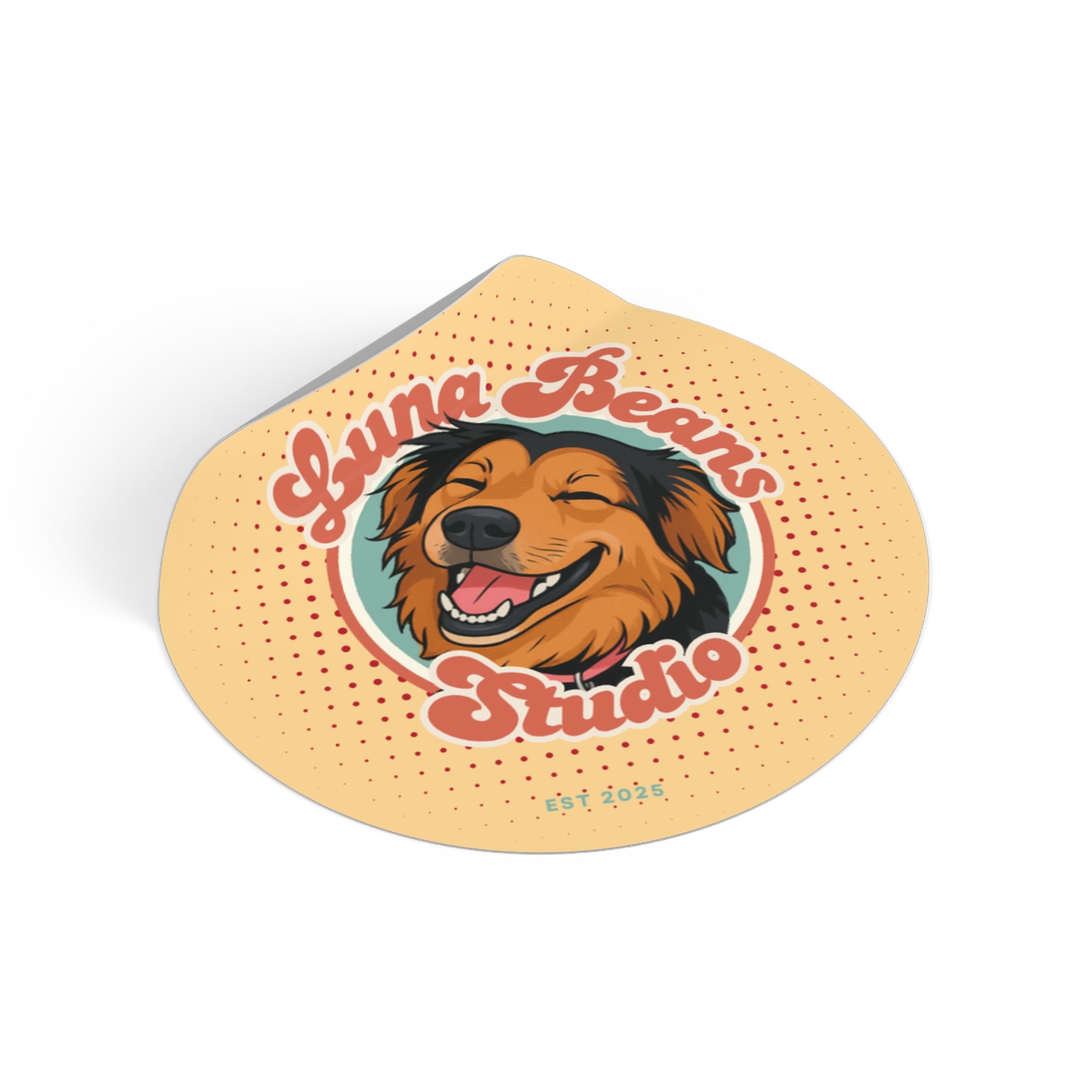 Yellow sticker with a dog illustration and 'Luna Bears Studio' text on a white background
